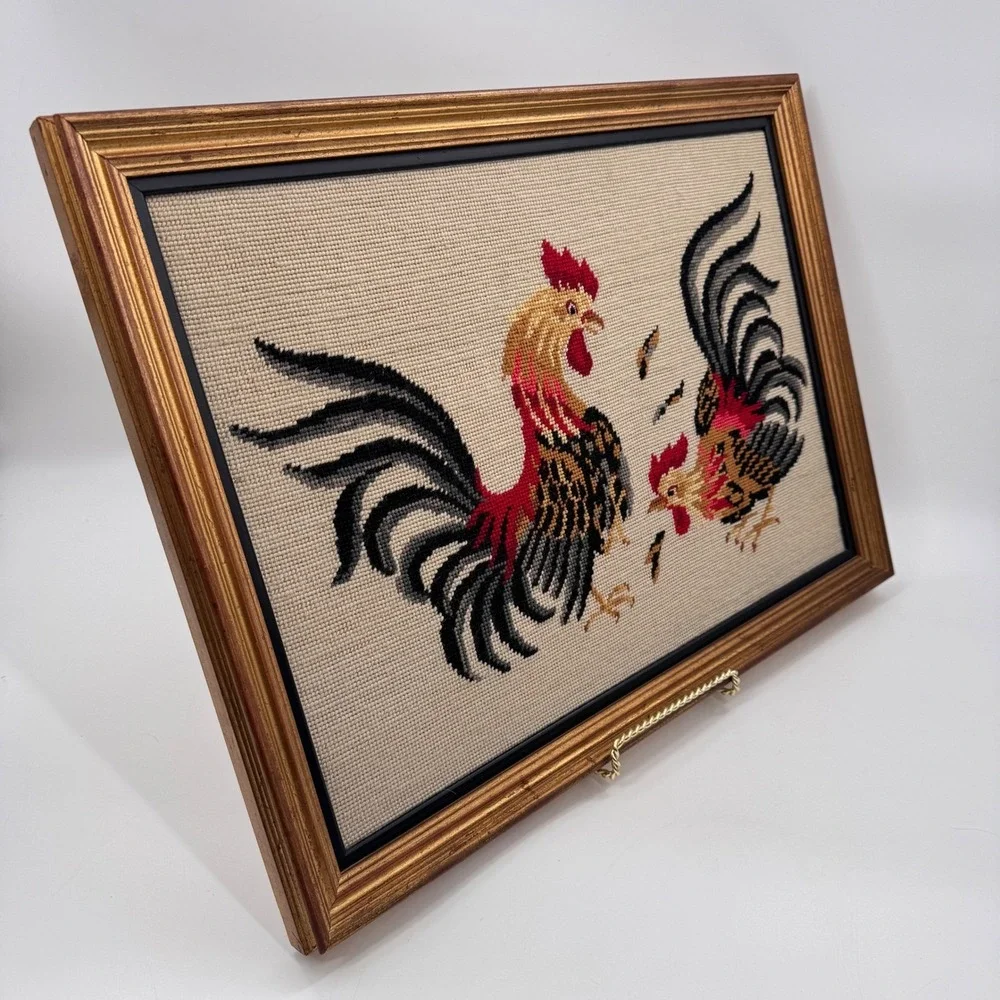 Vintage Framed Fighting Roosters Needlepoint Traditional Americana Art